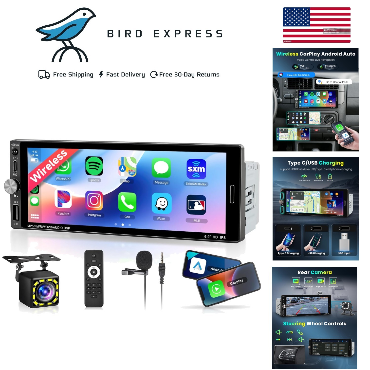 Single Din Car Stereo 6.9in Touch Screen Wireless Carplay Android Auto Bluetooth