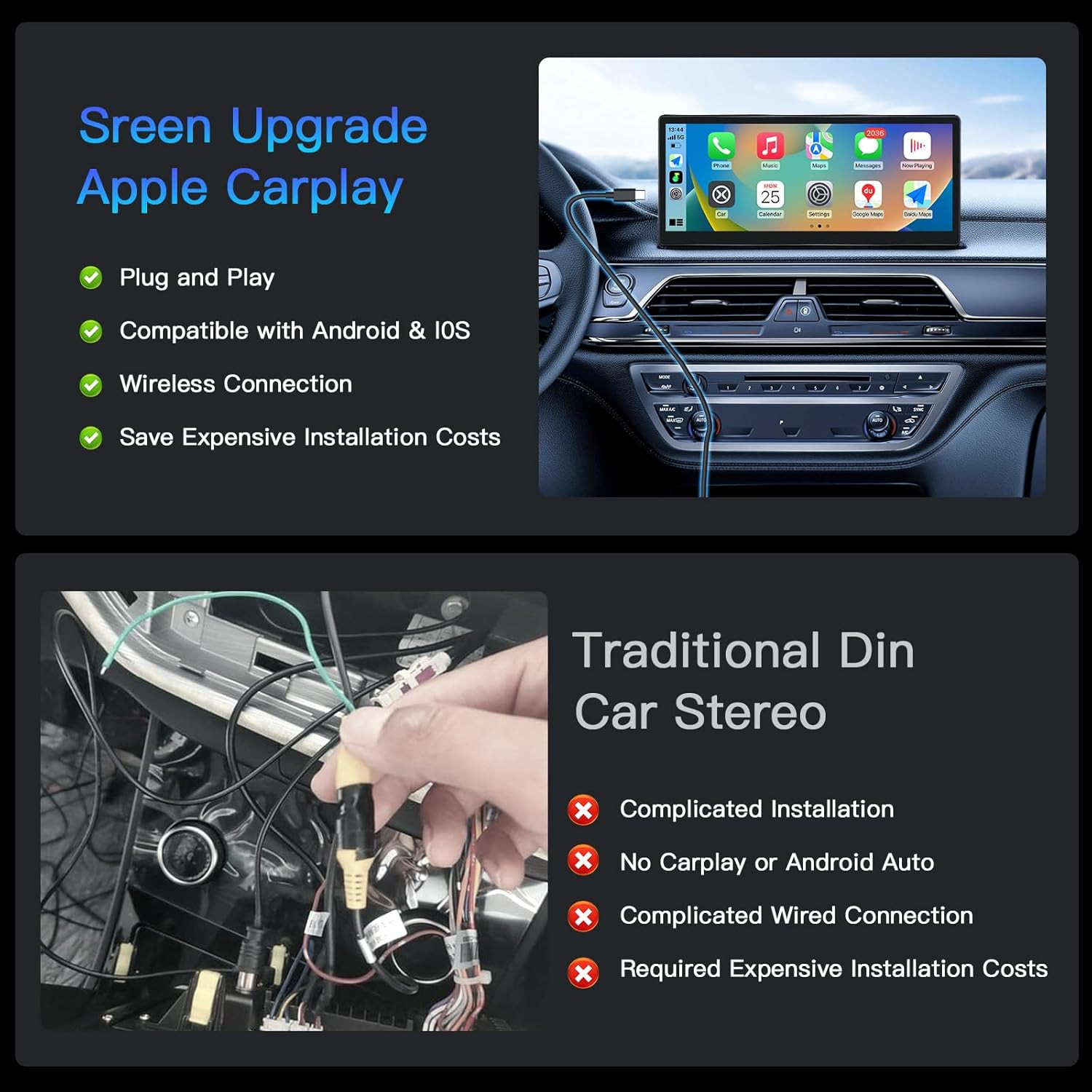 Wireless Carplay Screen for Car, 8.9” Portable Carplay & Android Auto Touchscre