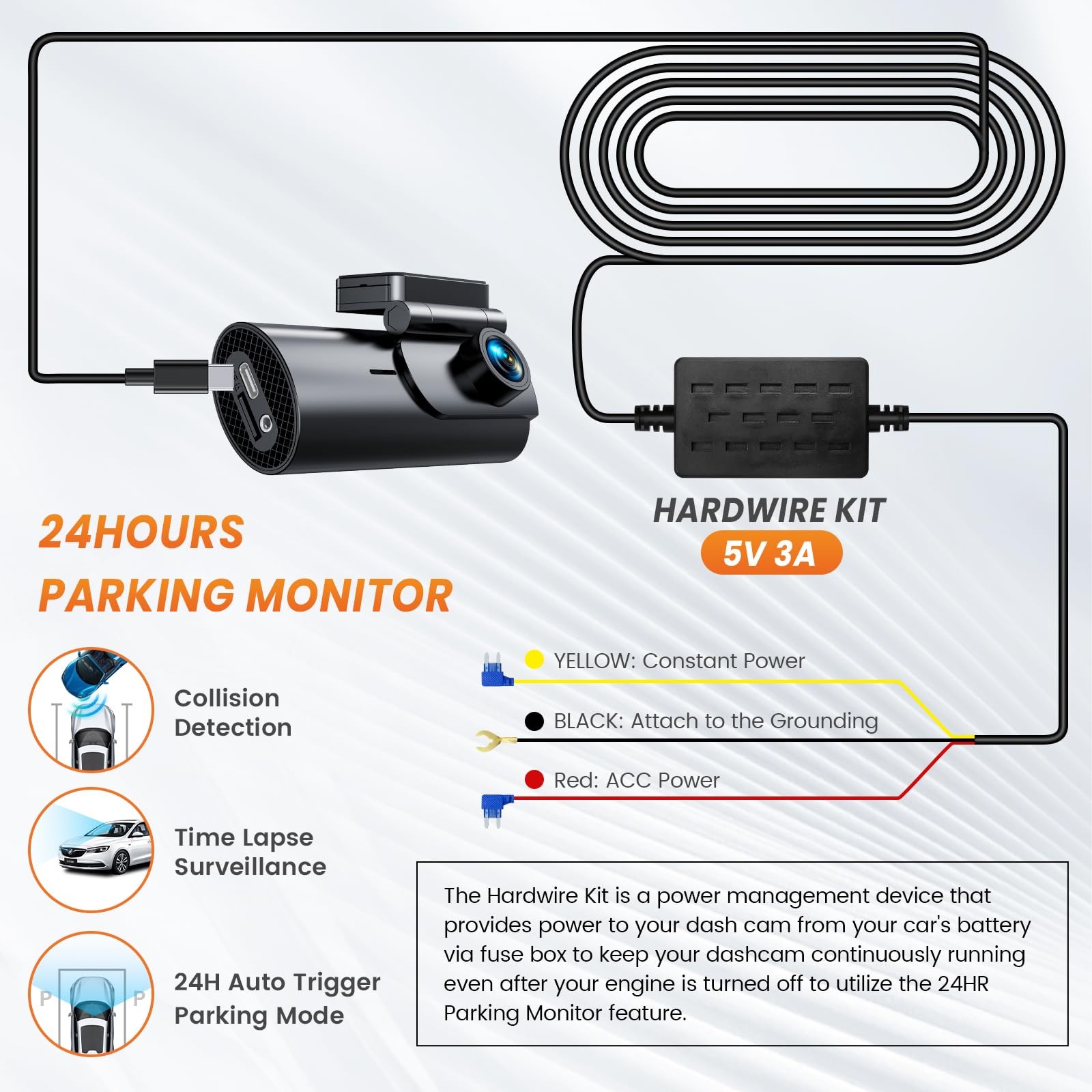 GKU Dash Cam Hardwire Kit 12-24V to 5V Car Camera Charger Power Cord Battery Dra