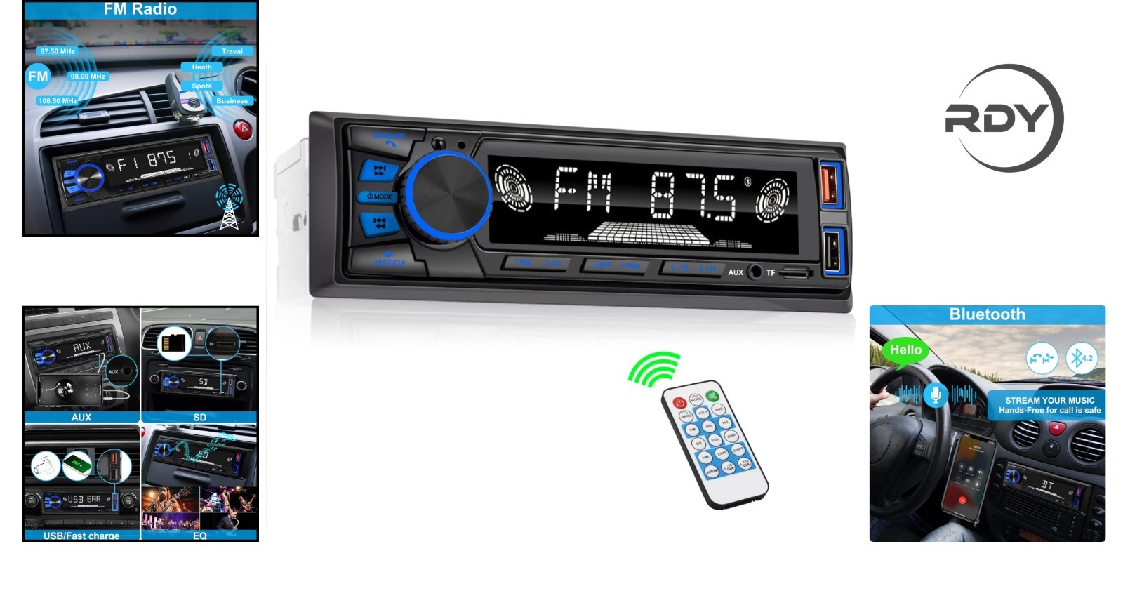 Sleek Single DIN Car Stereo: Bluetooth Connectivity and Quick Charge Support