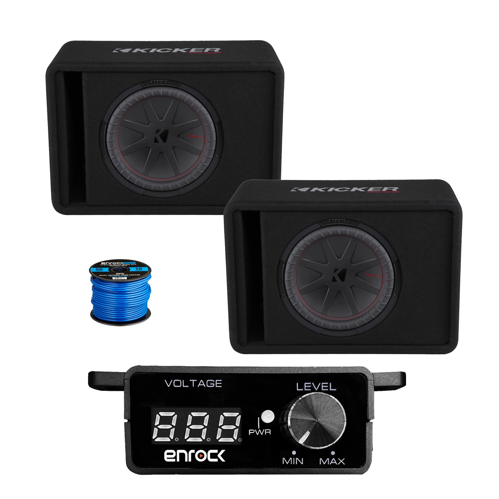 1 Pair (Qty 2) Kicker 12″ 1000W Car Audio Subwoofer Enclosure, Bass Knob w/ Wire
