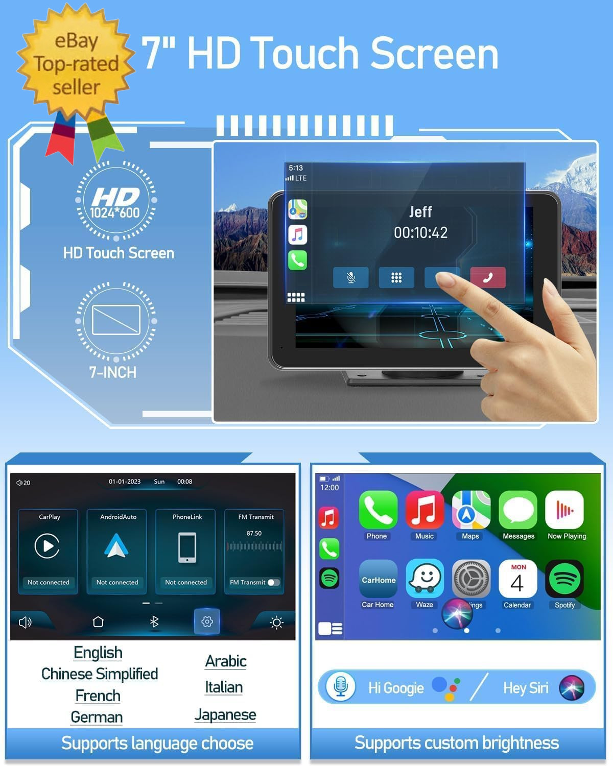 Wireless Carplay Screen for Car, 7″ HD Portable Stereo Touchscreen with Apple Ca