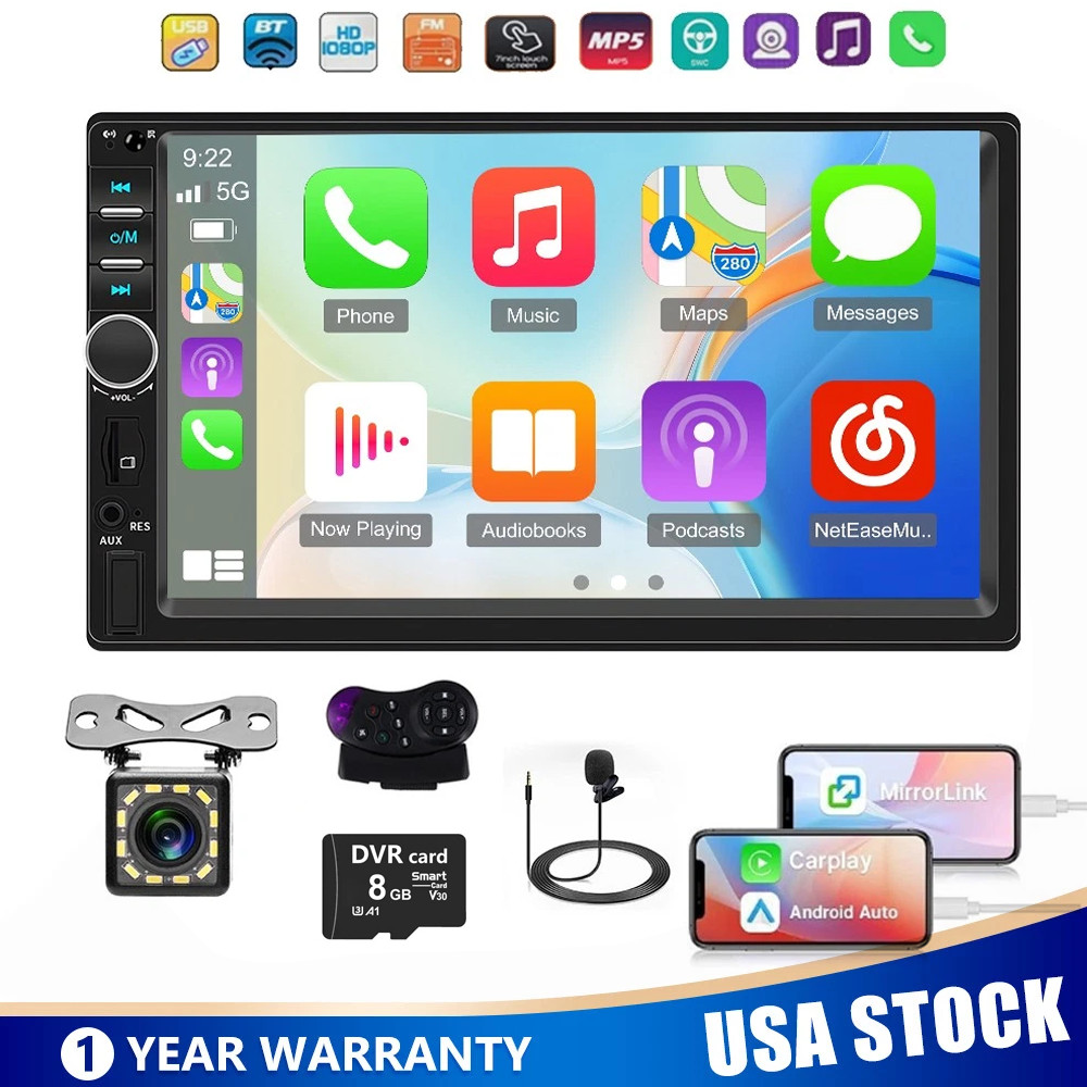 7″ Double DIN Apple CarPlay Android Auto Car Stereo Radio Bluetooth with Camera
