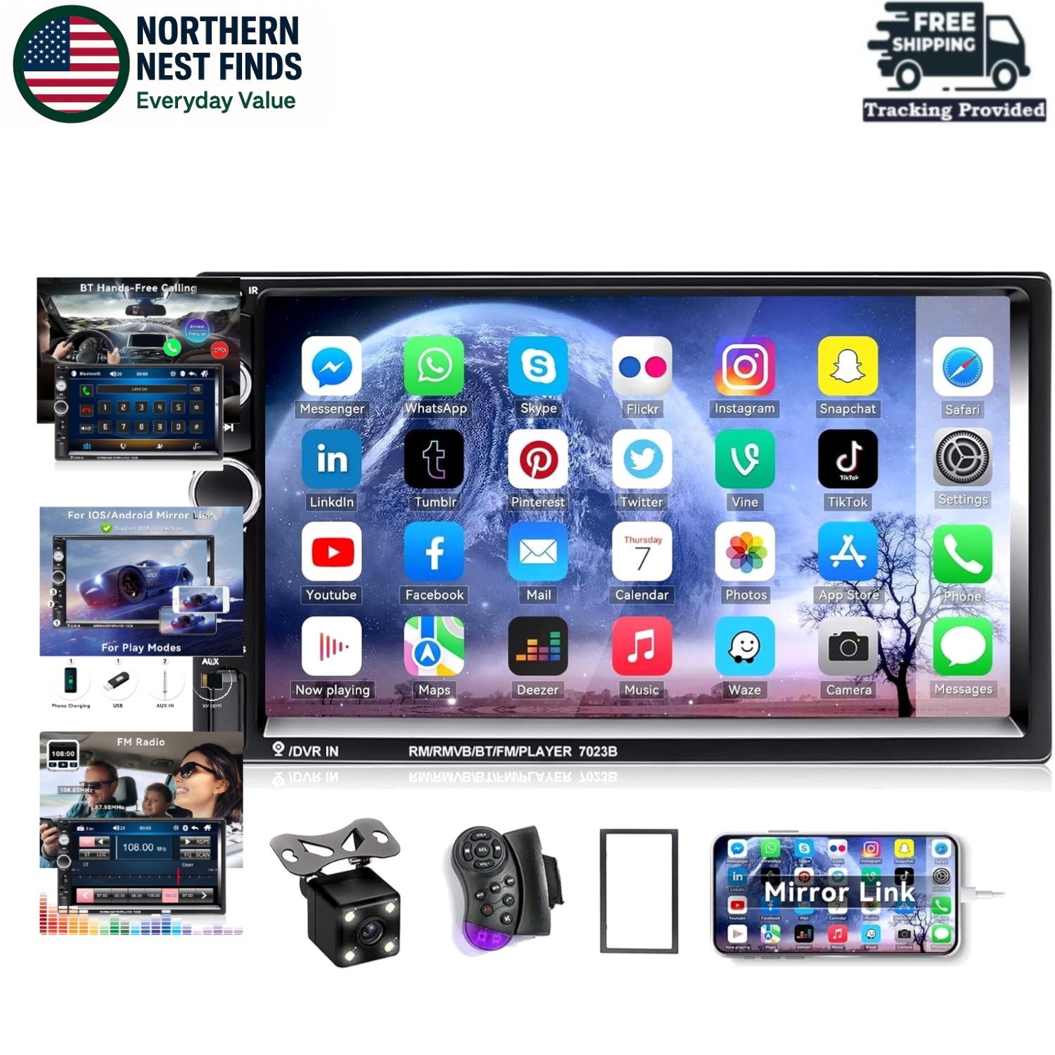 Full HD 7″ MP5 Car Stereo with Backup Camera & Smartphone Sync – Bluetooth Ready
