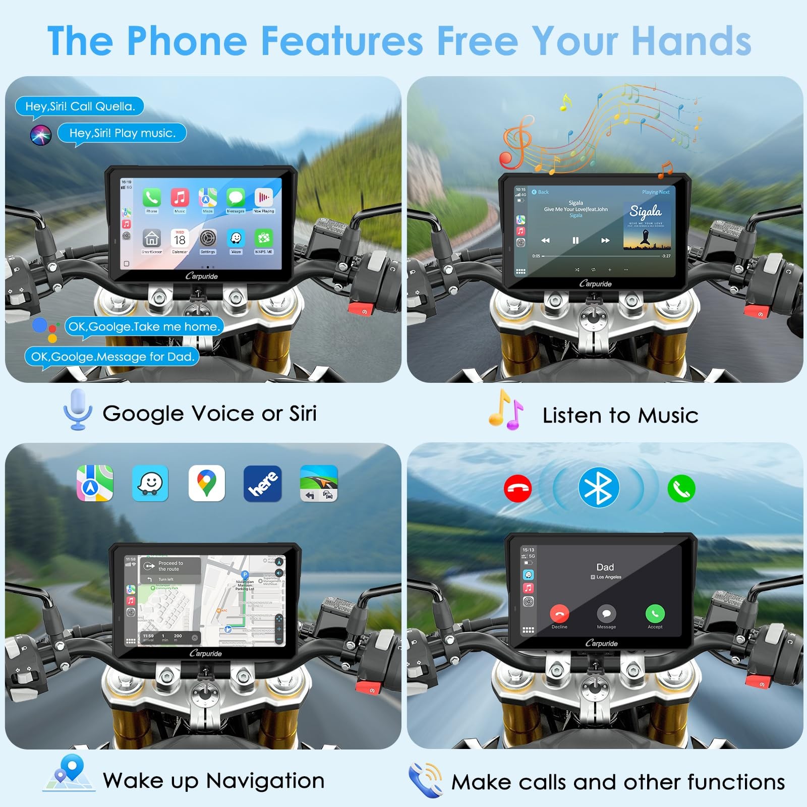 Carpuride W702S PRO 7″ Motorcycle Wireless CarPlay Android Auto GPS Screen
