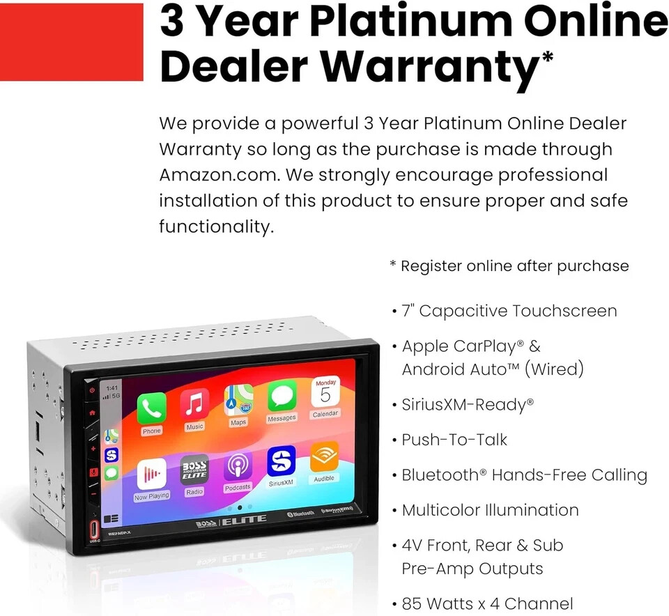 BOSS Double DIN 7″ Receiver Apple Carplay/Android Auto SiriusXM Camera BE7ACP.XC