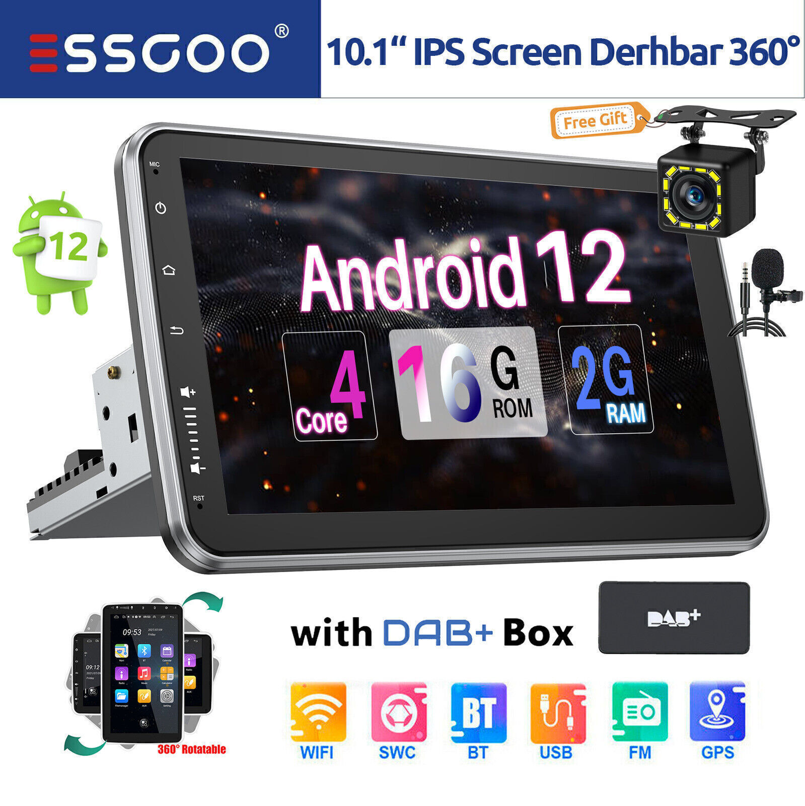 10.1″ Android 12 Car Stereo HD Radio GPS Rotatable IPS Screen Single DIN +Camera