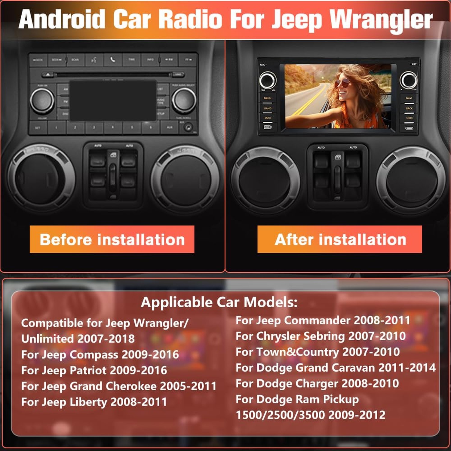 Android 13 2GB+64GB Car Radio Stereo for Jeep Wrangler 2007-2018/for Dodge Ra…