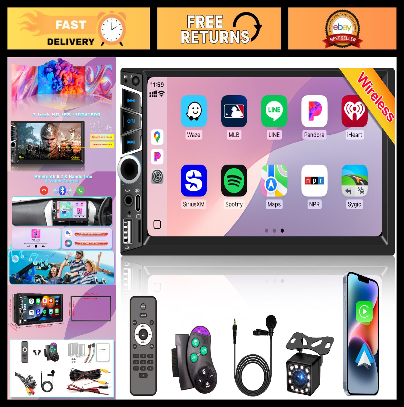 7″ Double Din Car Stereo – Wireless CarPlay, Android Auto, Bluetooth 5.2, GPS, I