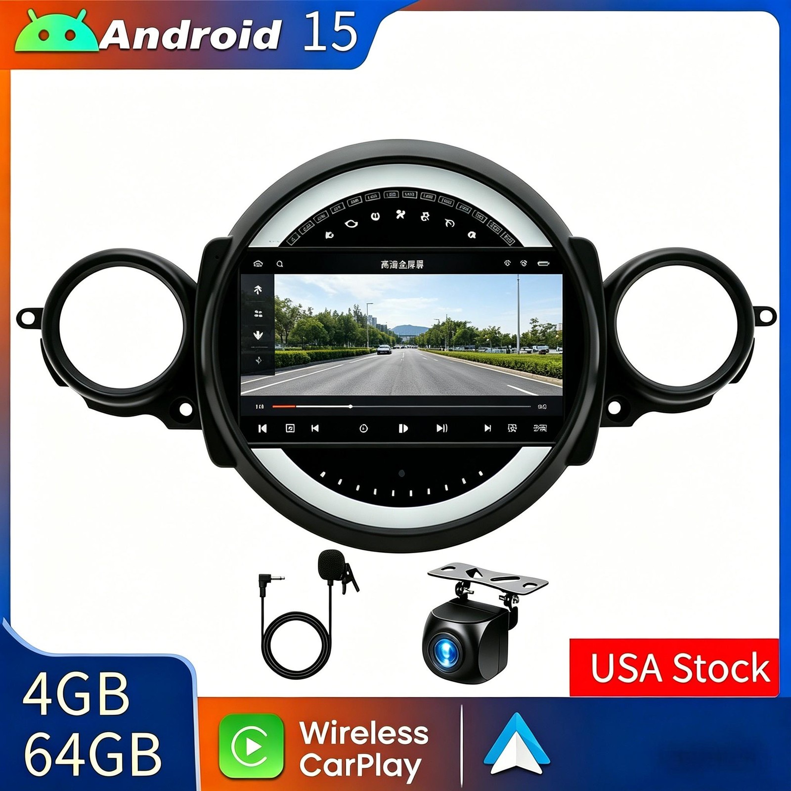 4+64G Car Stereo FOR Mini R56 R60 9″ CarPlay Android 15 HD WiFi GPS 1280*800