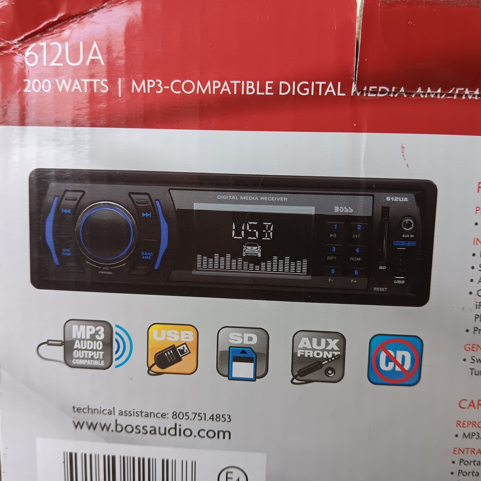 New Boss In-Dash 612UA 200W MP3-Compatible Digital Media AM-FM Receiver
