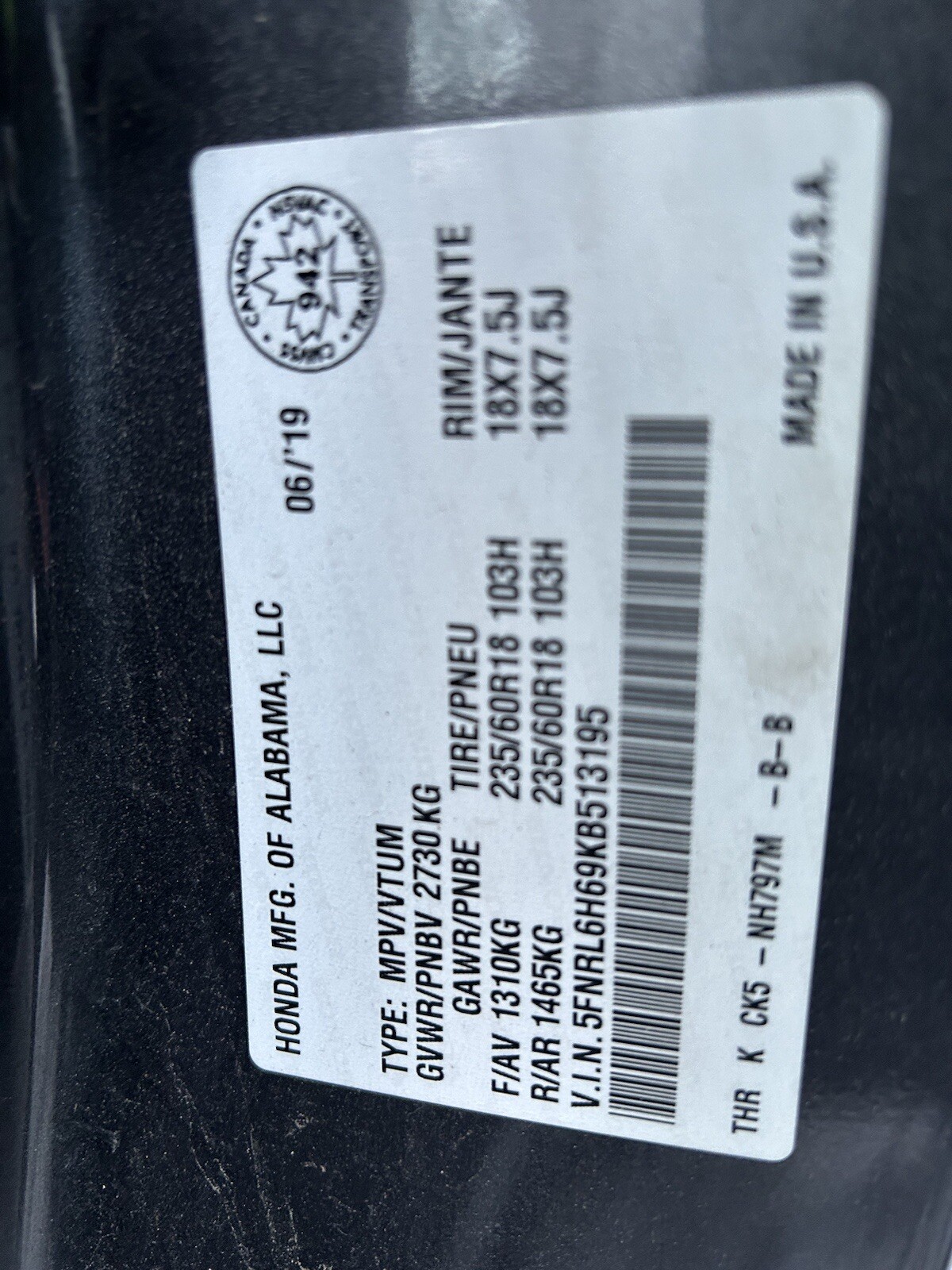2019 HONDA ODYSSEY BLU-RAY PLAYER ASSEMBLY OEM 39110-THR-C013-M1