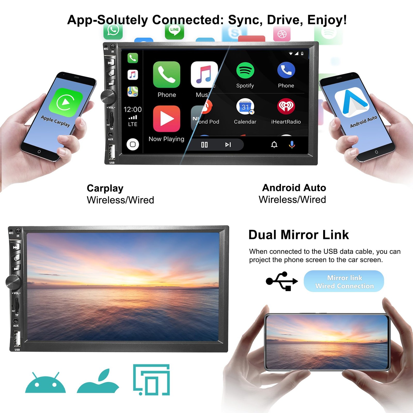 Estereo De Doble Din Với Carplay Inalambrico Y Camara A Prueba De Agua
