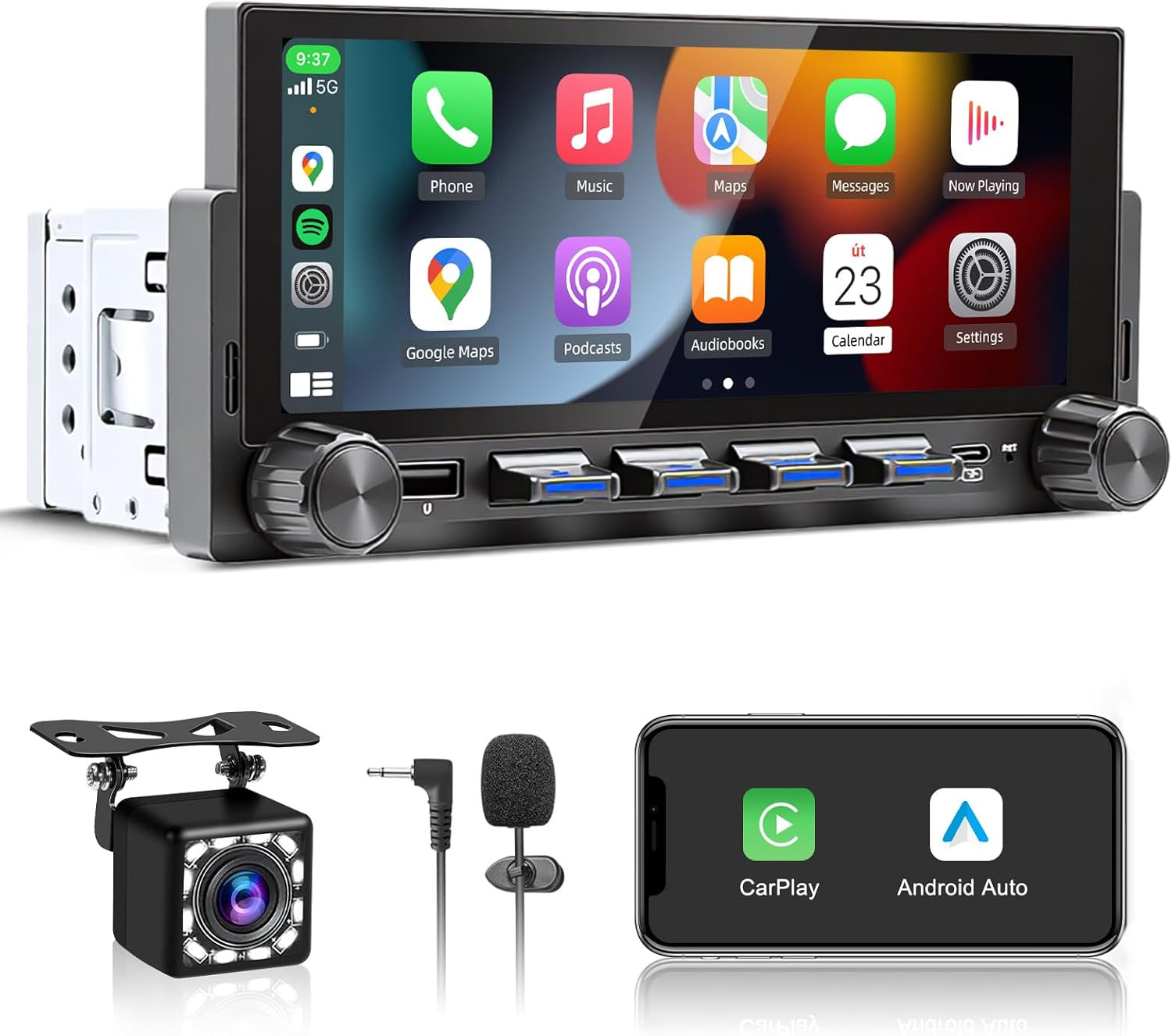 6.86″ Wireless Single Din Touchscreen Radio Apple Carplay Android Auto, Single D