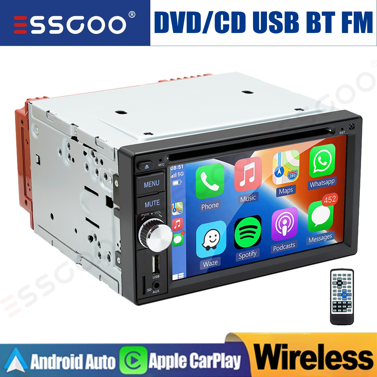 ESSGOO 6.2″ Double 2 DIN Car Stereo CD DVD USB Bluetooth Head Unit AM/FM/RDS SWC