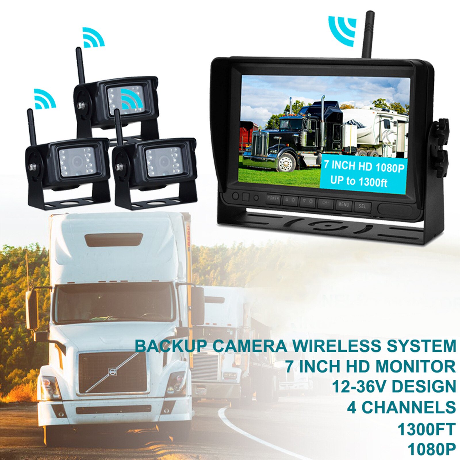 7″ Display AHD 1080P Wireless 3CH Rear View Backup Camera for Truck Trailer US