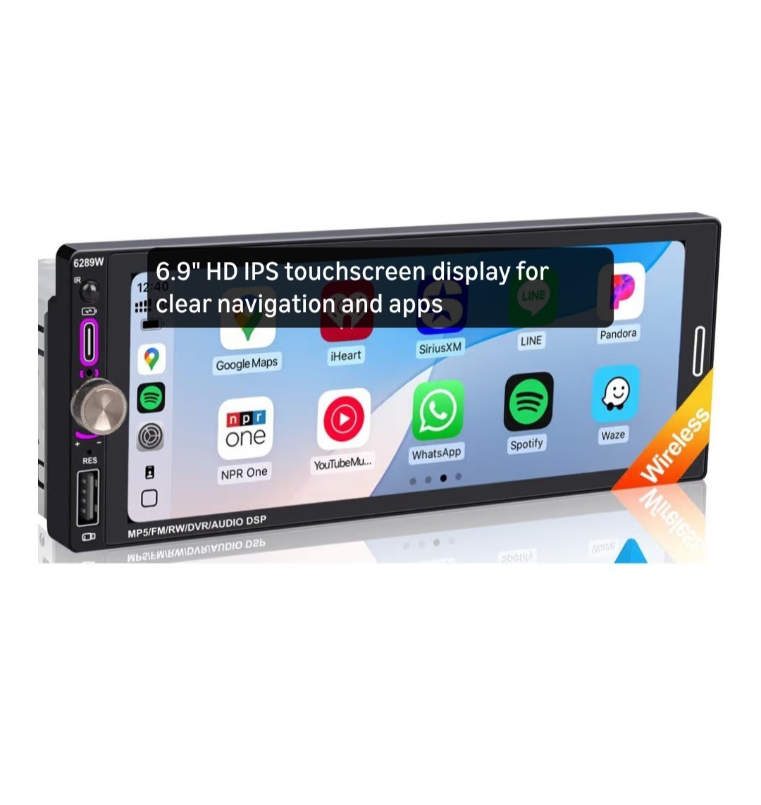 6.9″ Single DIN Car Radio with Wireless Apple CarPlay, Car Bluetooth 5.2, AM FM