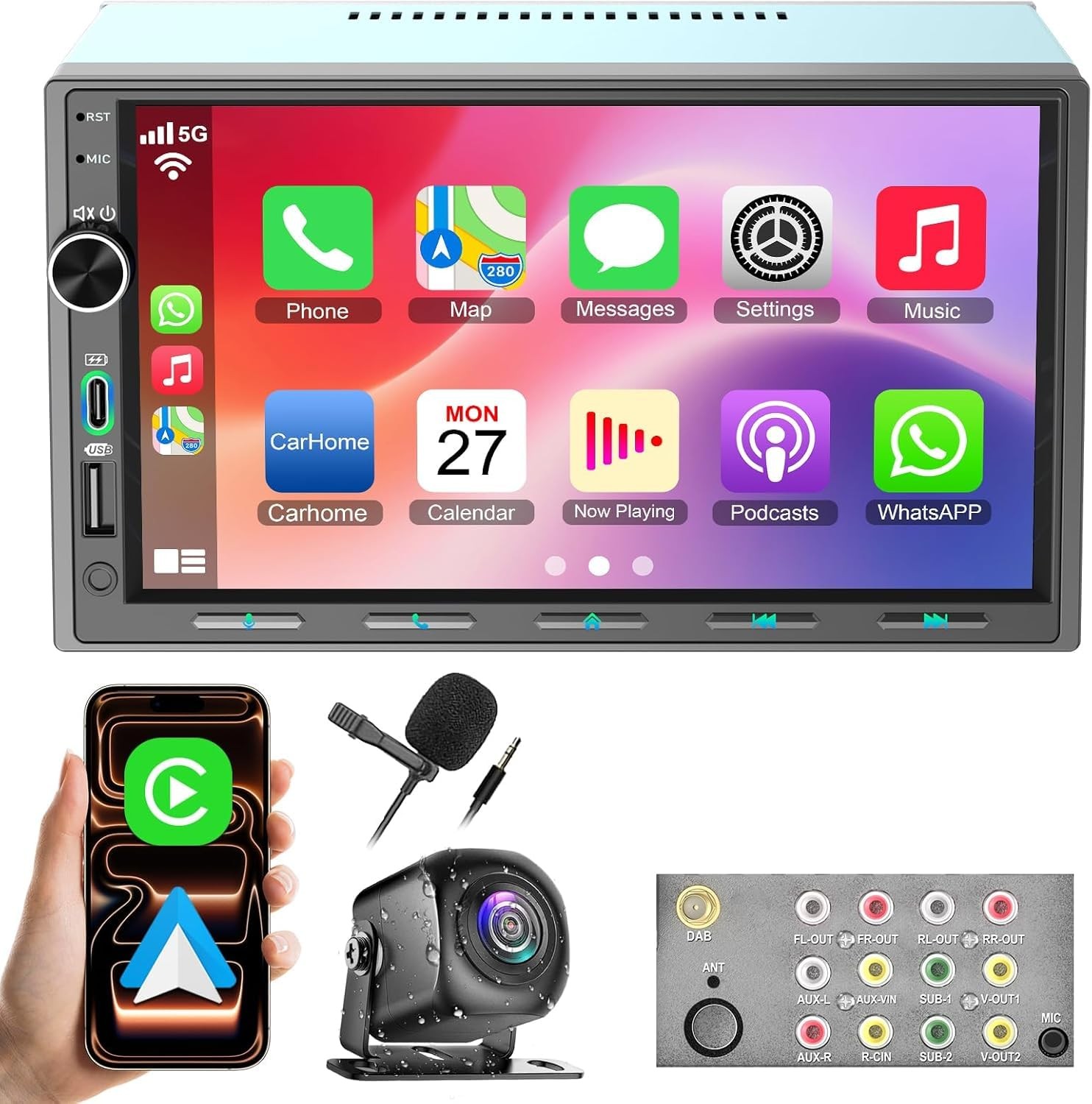 Double Din Car Stereo with Wireless Carplay & Android Auto – 7 Inch HD Touchs…