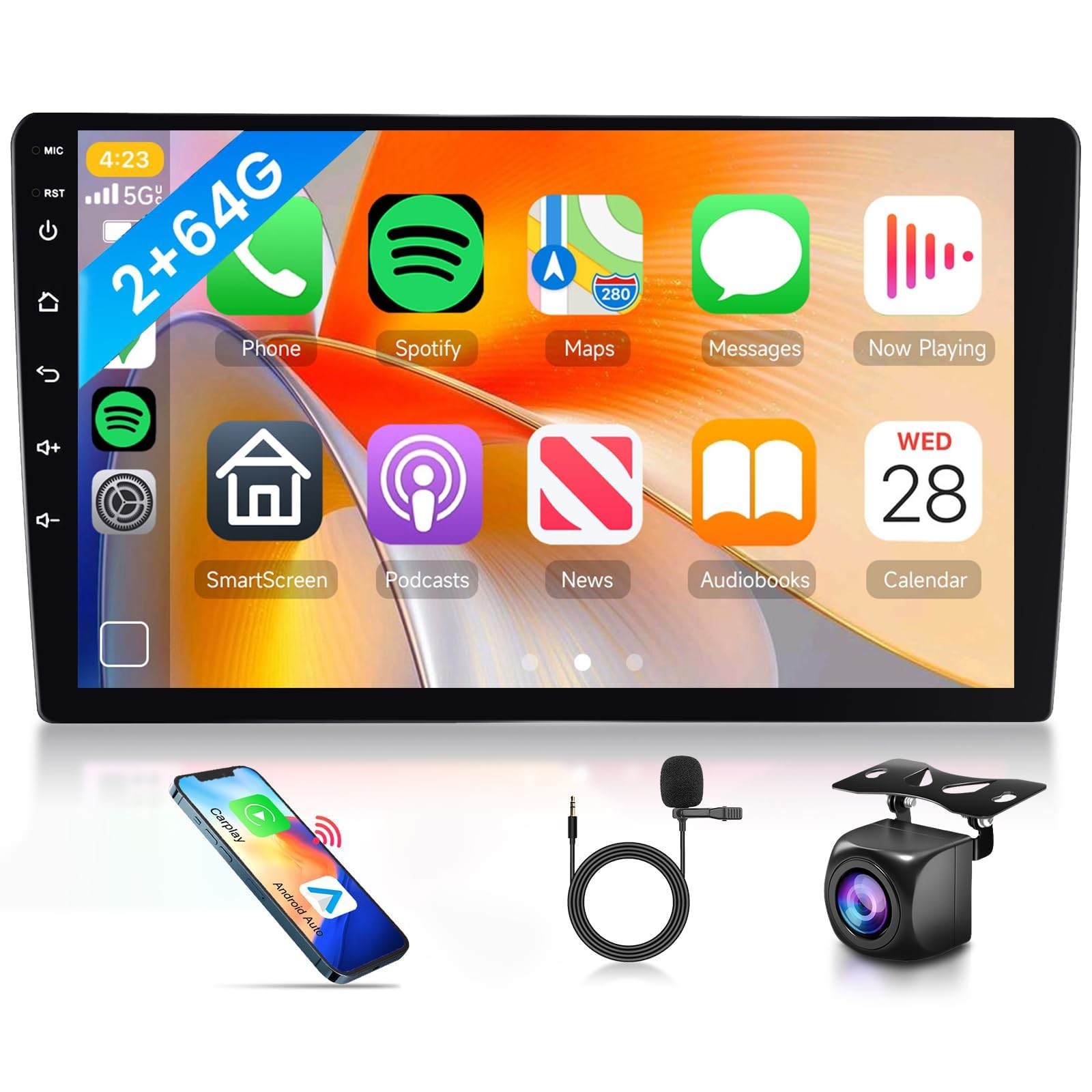 9″ Double Din Car Stereo, 2G+64G Android Auto & Wireless Carplay, GPS, Bluetooth