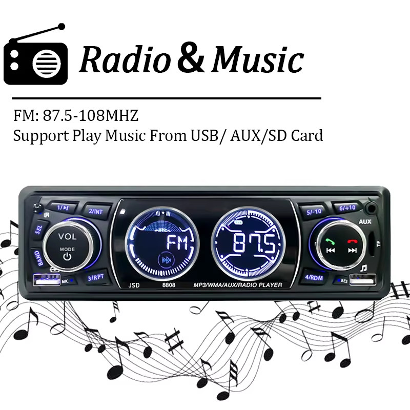 SINOVCLE Car Radio 1Din Audio Bluetooth Stereo MP3 Player FM Receiver 60Wx4 Supp