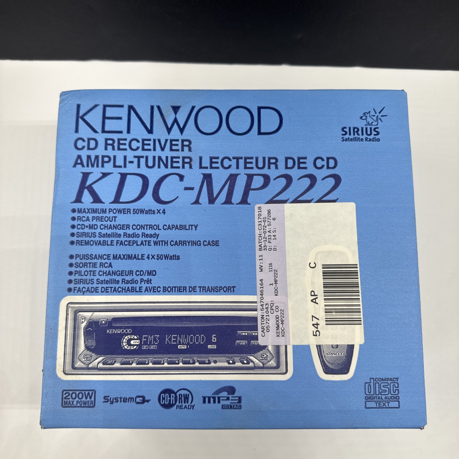 Keenwood KDC-MP222 Car Cd Receiver Stereo MP3 Sirius Rdy VintageComplete In Box