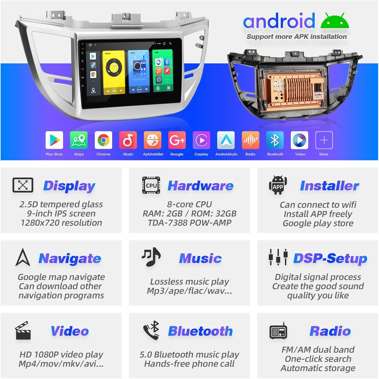 Car Stereo for Hyundai Tucson (2016–2018) , Wireless CarPlay & Android Auto 2+32