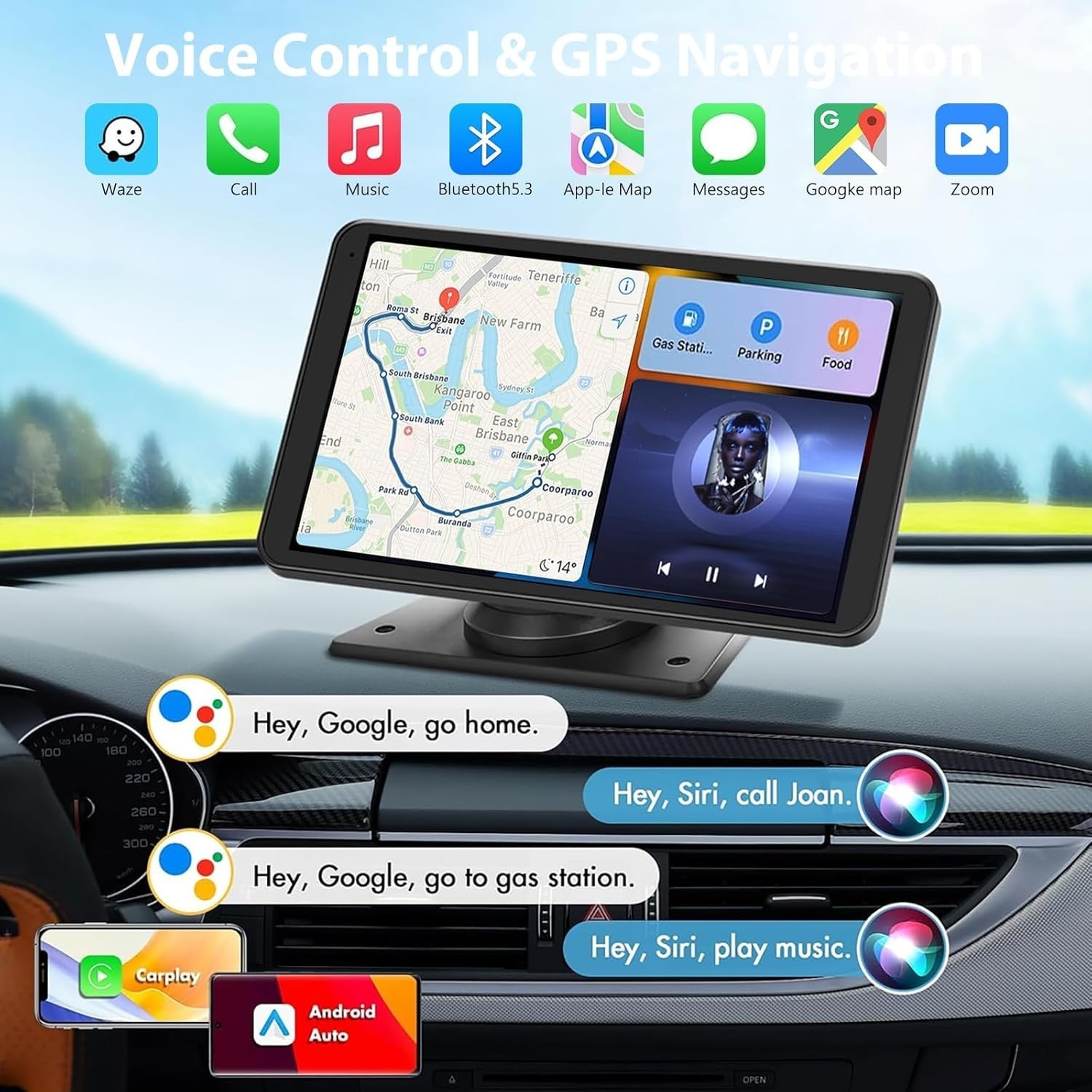 Wireless 7” CarPlay & Android Auto Screen with Real-Time GPS & Audio Options