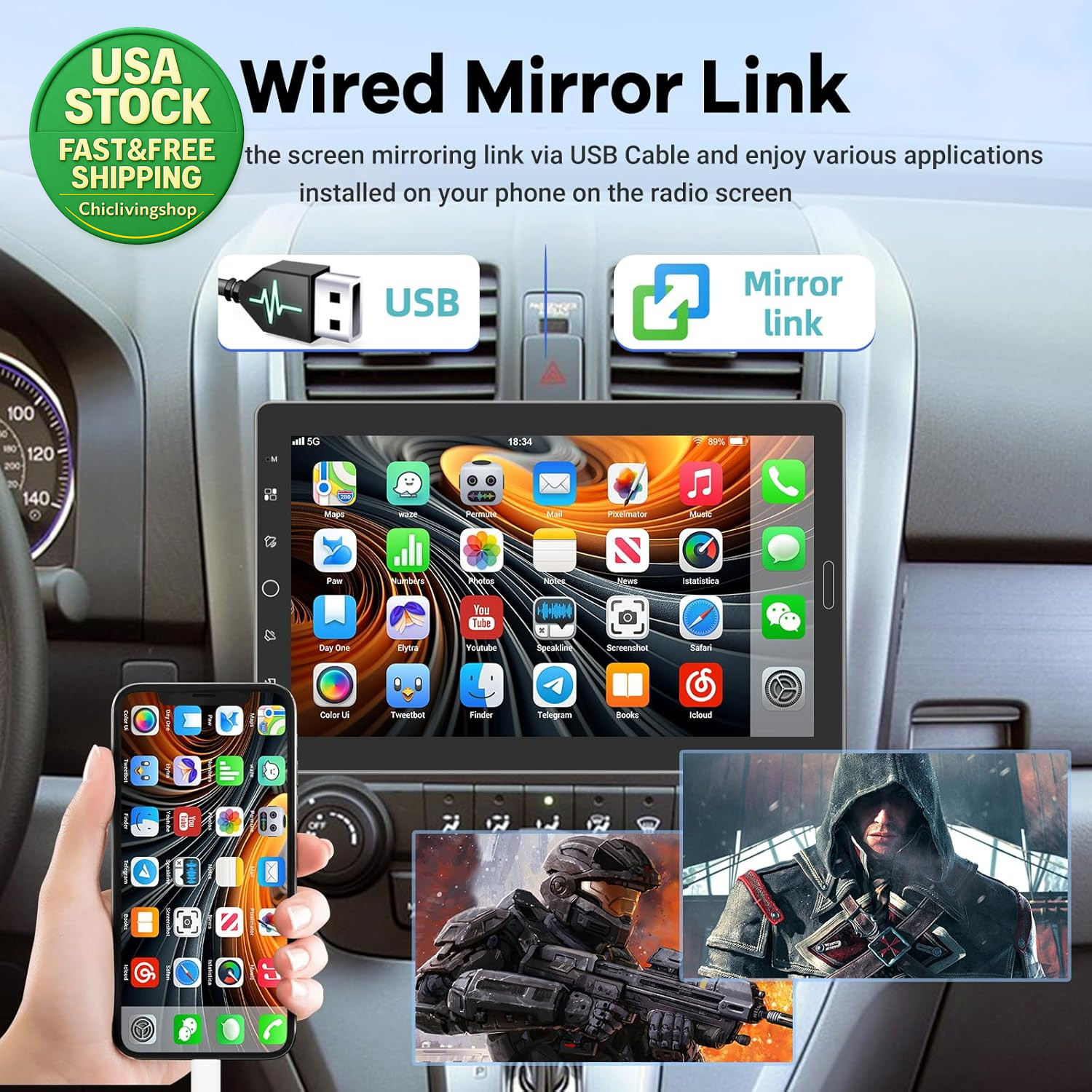 10.1 Inch Single Din Car Stereo Carplay Android Auto Touch Screen Radio Backup
