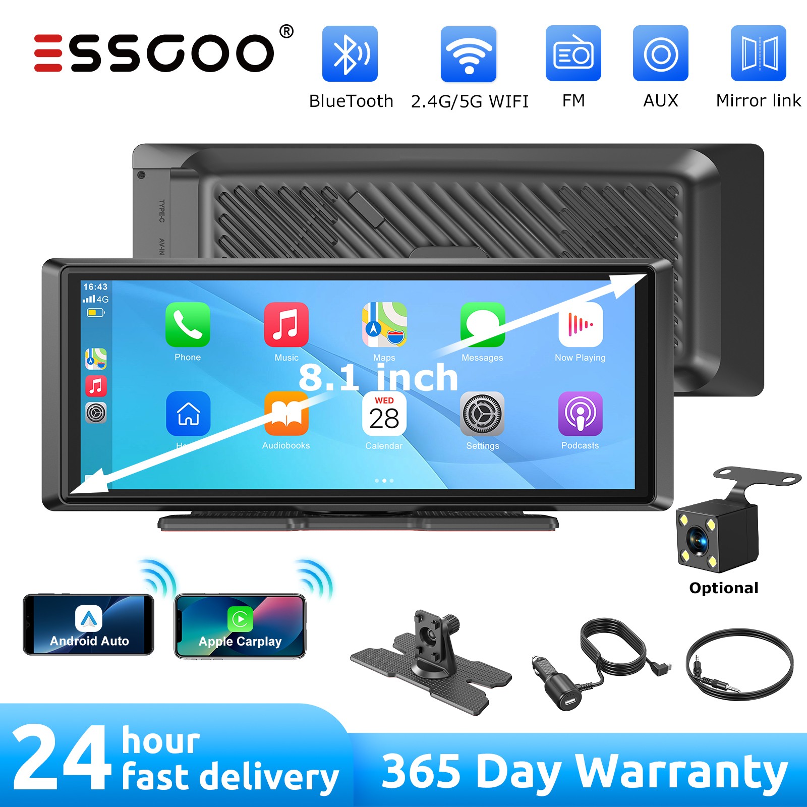 8.1Inch Backup Camera Touchscreen Portable Car Stereo Radio Carplay Android Auto