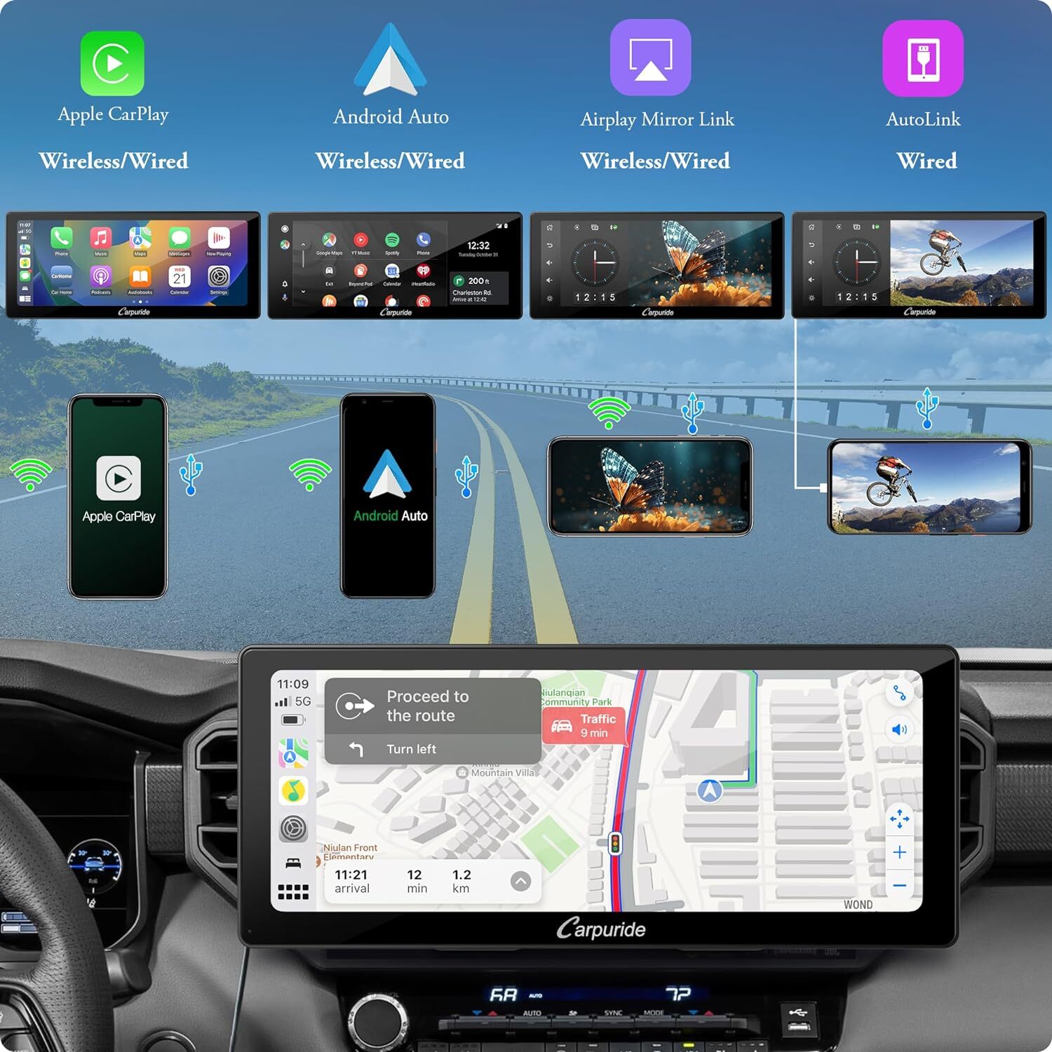 CARPURIDE W103Pro Dual Bluetooth Multimedia Portable Apple Carplay Android Auto