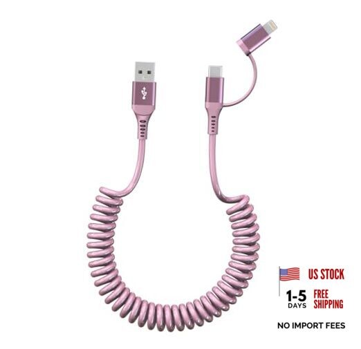 USB to USB C and Lightning Car Charger Cable – iPhone Charger Coiled Pink