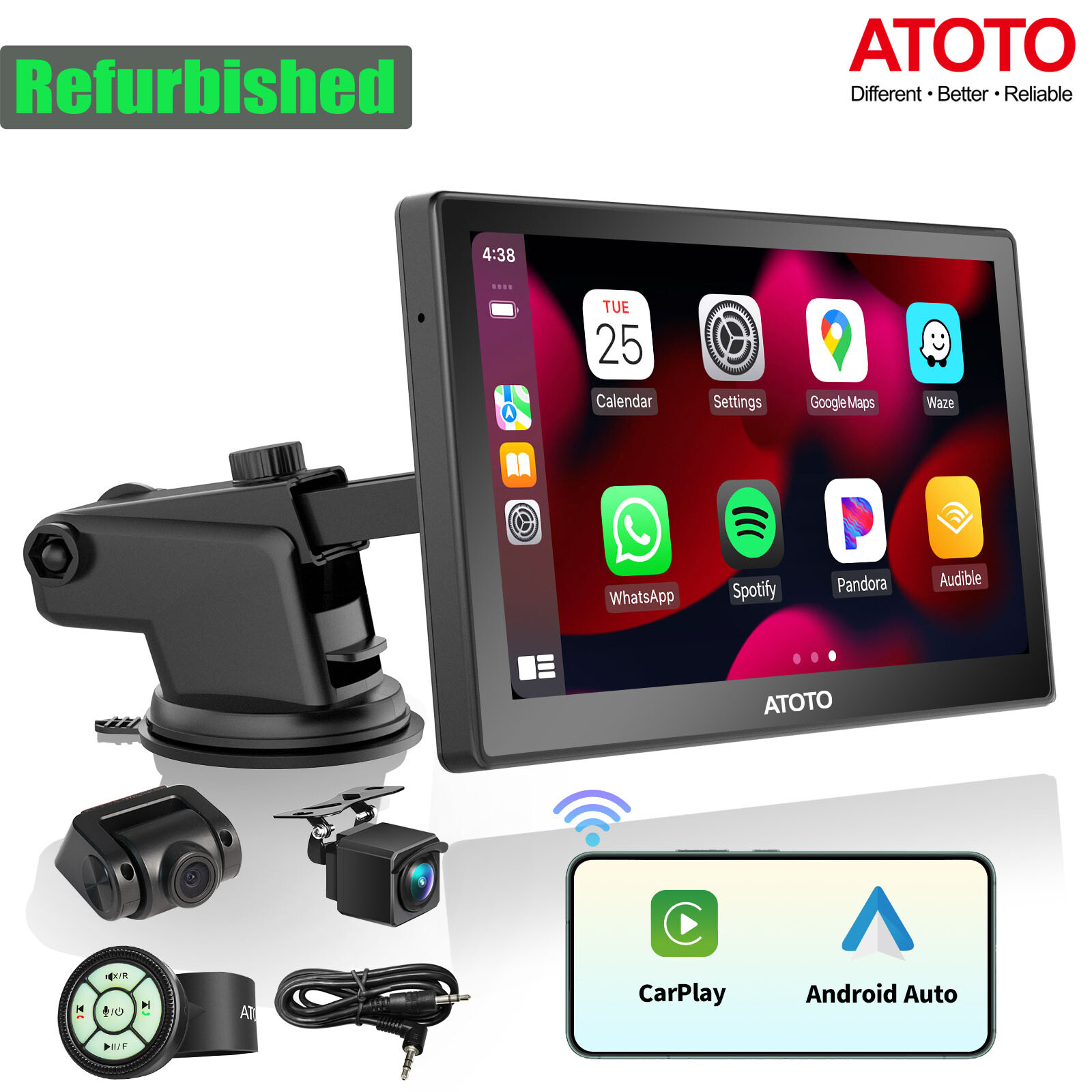 ATOTO P8 7″ Portable Car Stereo+Dash&Rear Camera+Remote Control Wireless Carplay