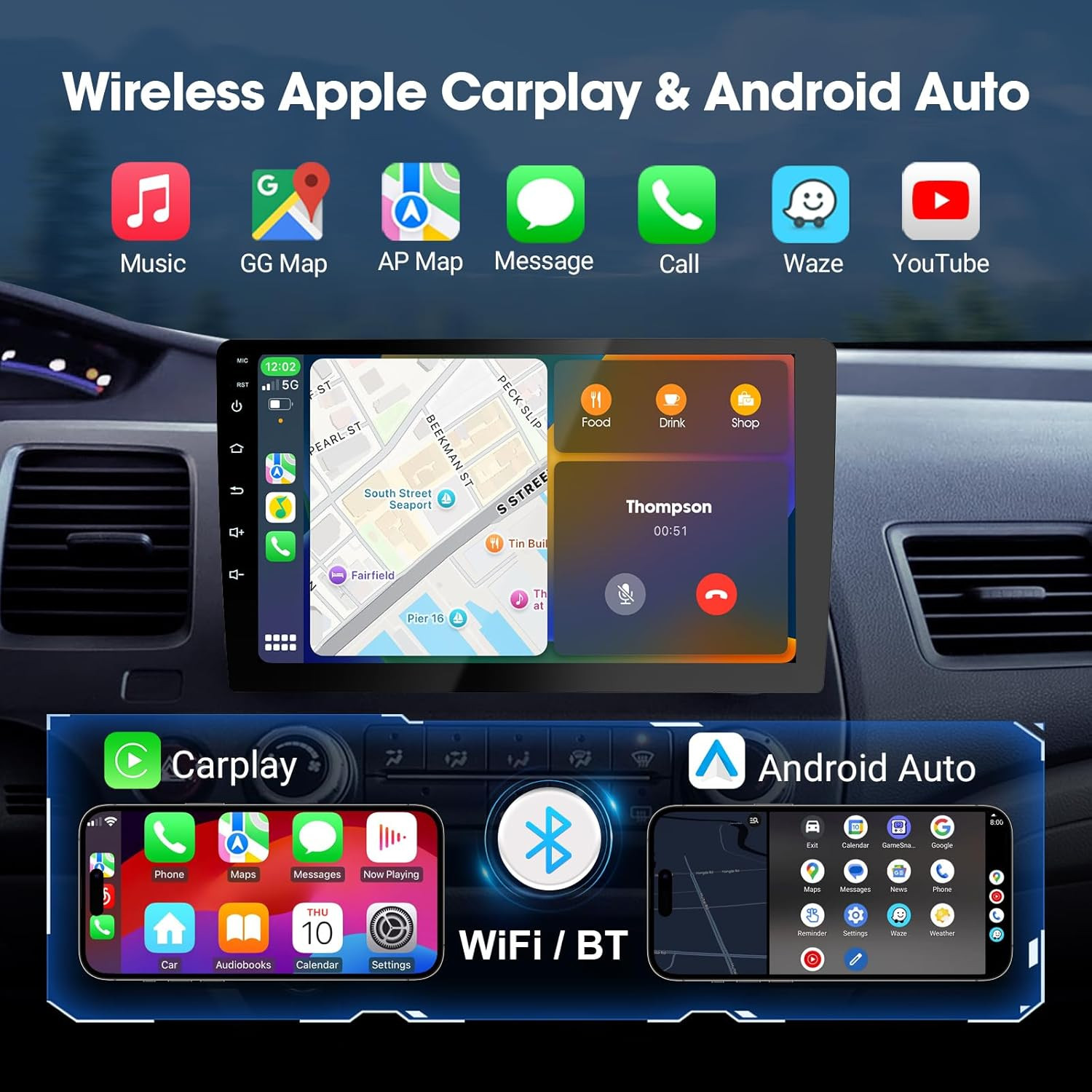 9″ Double Din Car Stereo – 2+64GB Wireless Apple Carplay & Android Auto, HD Touc