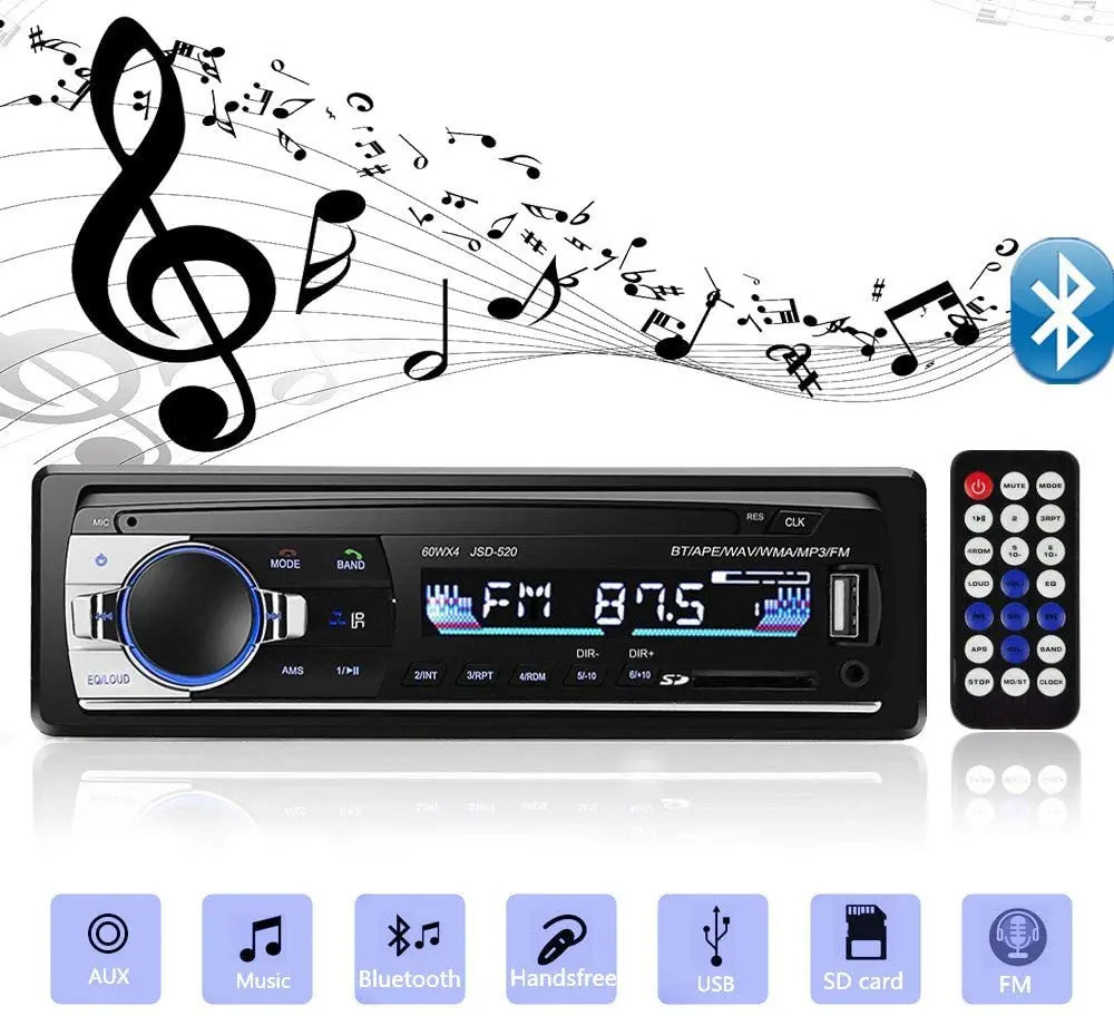 Car Radio Bluetooth Stereo MP3 Player 2USB/TF/FM/AUX Head Unit CD Single 1 DIN