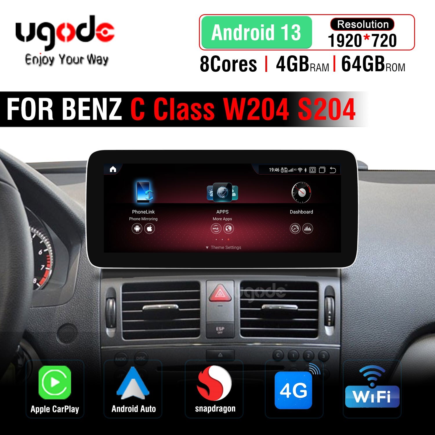 Ugode 10.25inch 4+64G Android13 Screen CarPlay Stereo Benz C class W204 NTG4.0