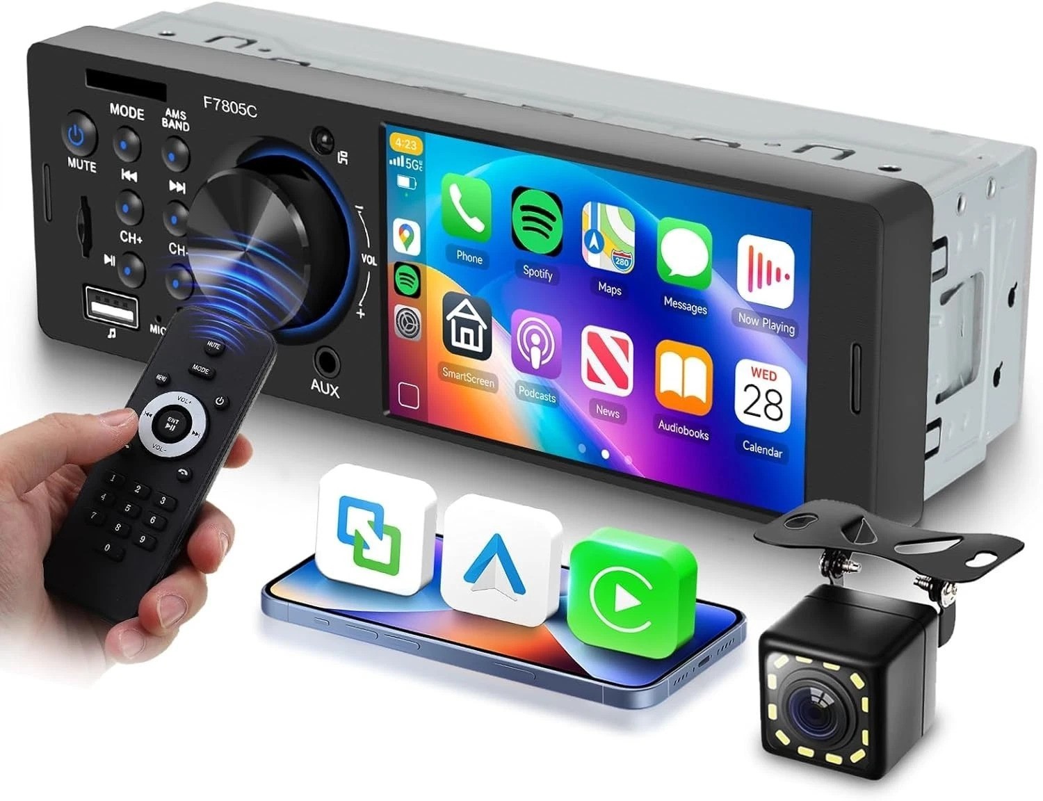 Single Din Car Stereo with CarPlay Android Auto, Touch Screen Car Audio Recei…