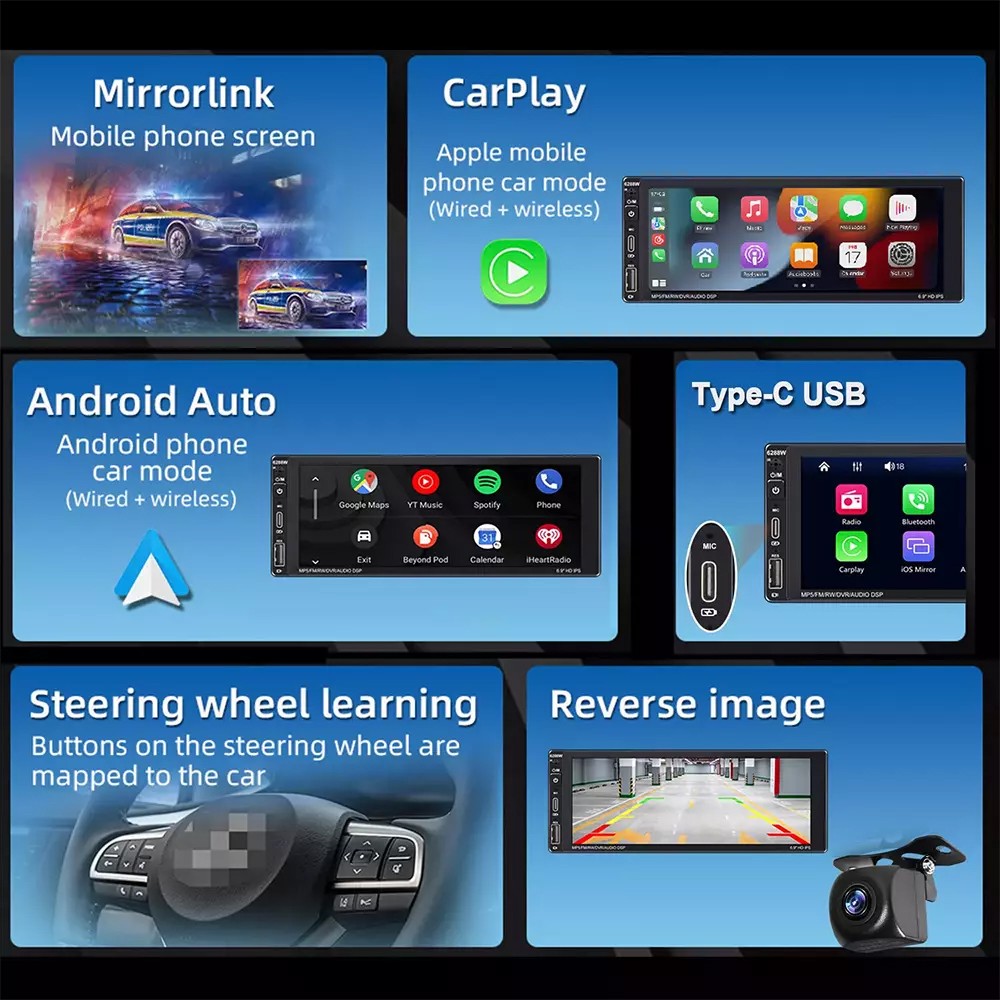 Single Din Car Stereo Wireless Apple CarPlay 6.9 touchscreen Bluetooth Radio USB