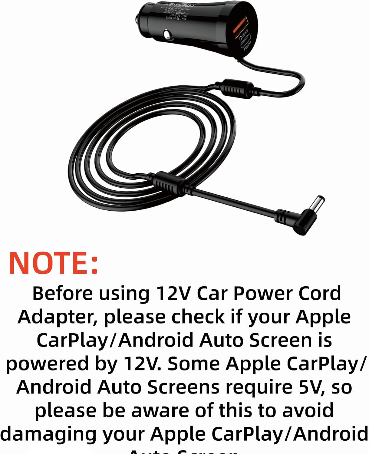 12V Power Cord Adapter Compatible with Apple Carplay Android Auto Screen, Cord C