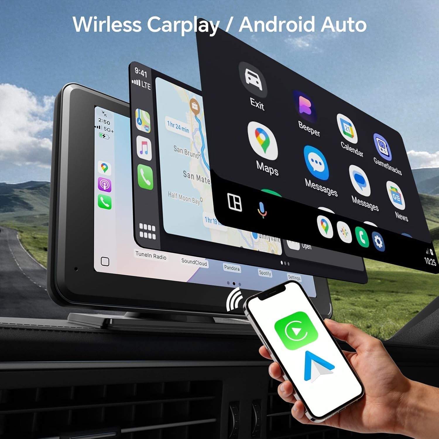 Wireless CarPlay & Android Auto Car Stereo – 7″ HD Portable Touchscreen with …