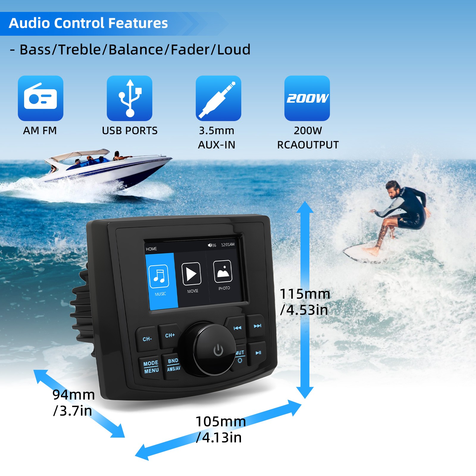 Marine Boat Radio FM AM MP5 Media Video Player Boat Stereo Bluetoot for ATV UTV