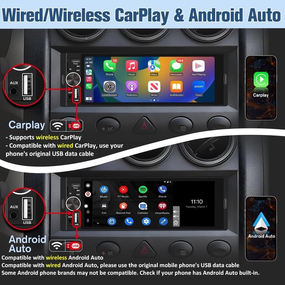 6.36 Inch IPS Touch Screen Car Stereo with Bluetooth, Backup Camera & Microphone