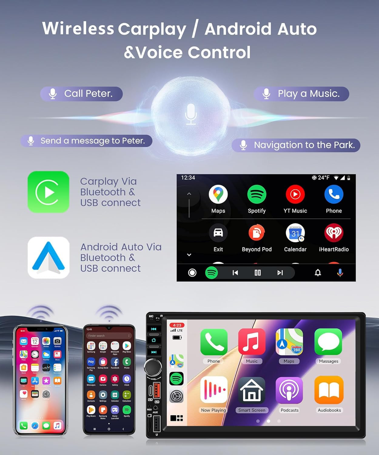 Wireless Carplay Android Auto Double Din Car Radio Stereo, 7 Inch IPS Touchscree