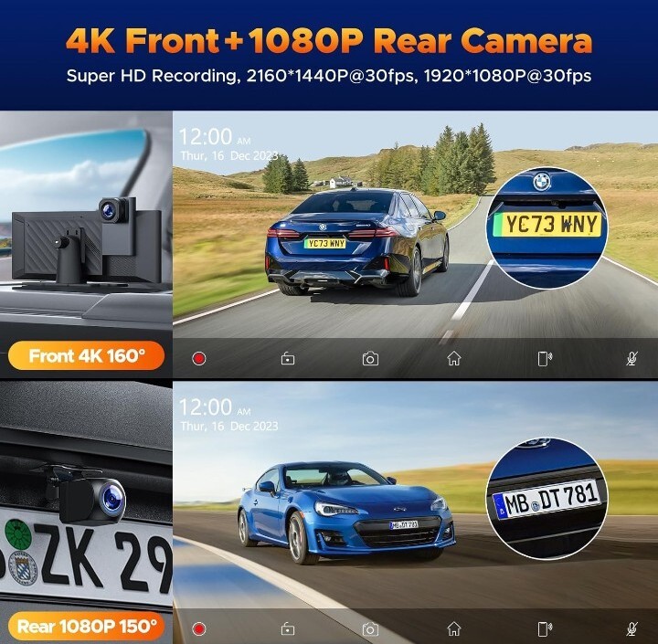 Volam 9.26” Wireless Carplay Screen Portable Car Stereo with 4K Dash Cam, 1080p