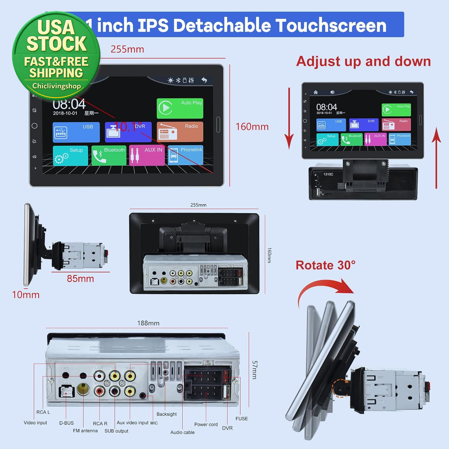 10.1 Inch Single Din Car Stereo Carplay Android Auto Touch Screen Radio Backup