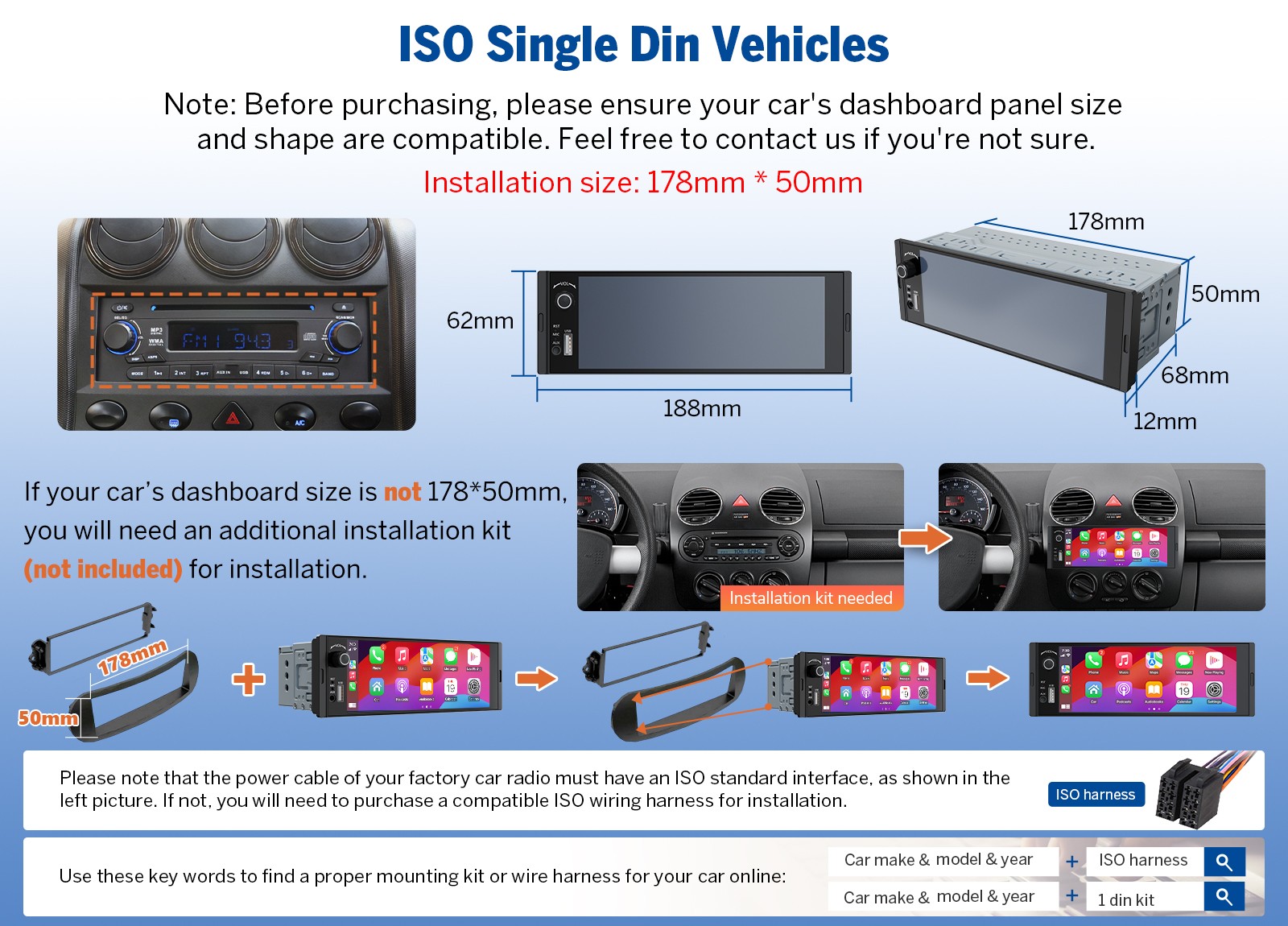 Car Stereo Head Unit Wireless CarPlay GPS 6.28″ IPS Android Auto Single 1DIN RDS