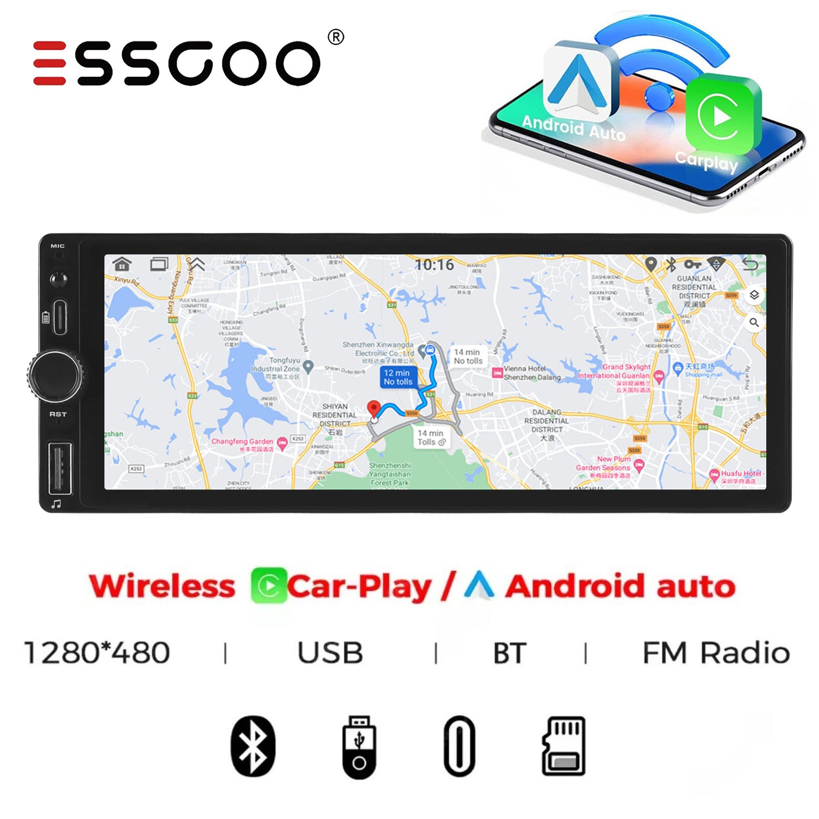 6.86″ Touch Screen Single 1DIN Car Stereo FM Radio Wireless Carplay Android Auto