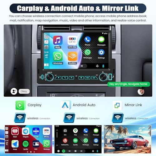 Single Din Car Stereo with Wireless Carplay&Android 7 Inch with Carplay&Button