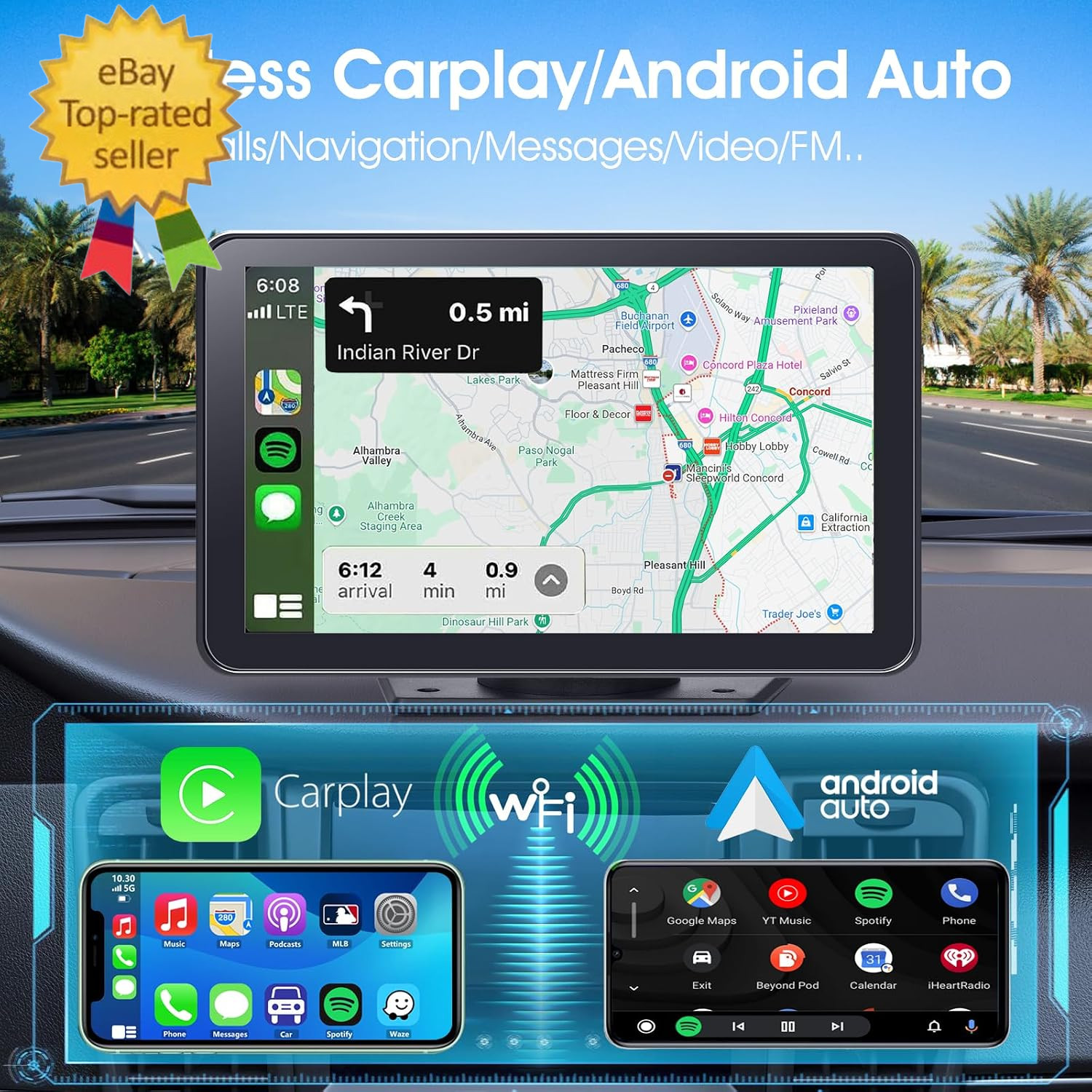 Wireless Carplay Screen for Car, 7″ HD Portable Stereo Touchscreen with Apple Ca