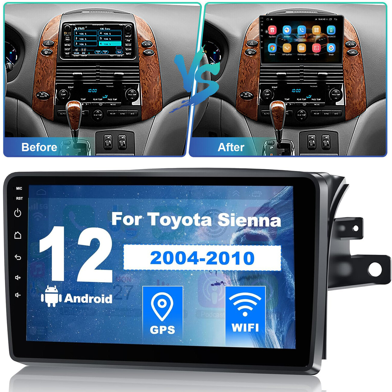 For Toyota Sienna 2004-2010 Android 12 Apple CarPlay Car Radio GPS Navi Cam JBL