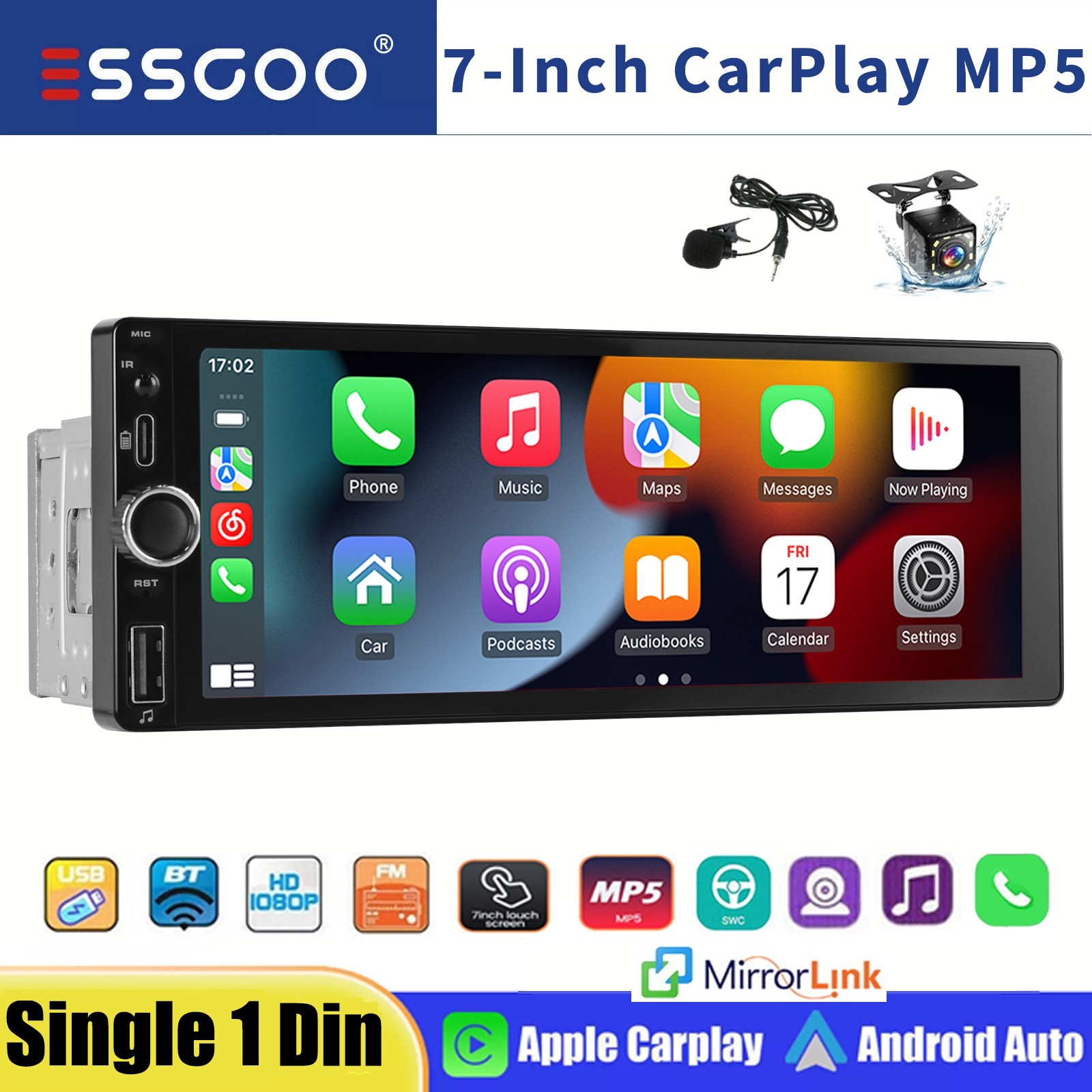6.86″ Single Din Car Stereo Radio Wired CarPlay Touch Screen BT SWC USB +MIC&CAM